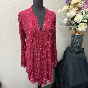 Southern Stitch Red Floral Crinkle Tunic Top L Boho Peasant Long Sleeve